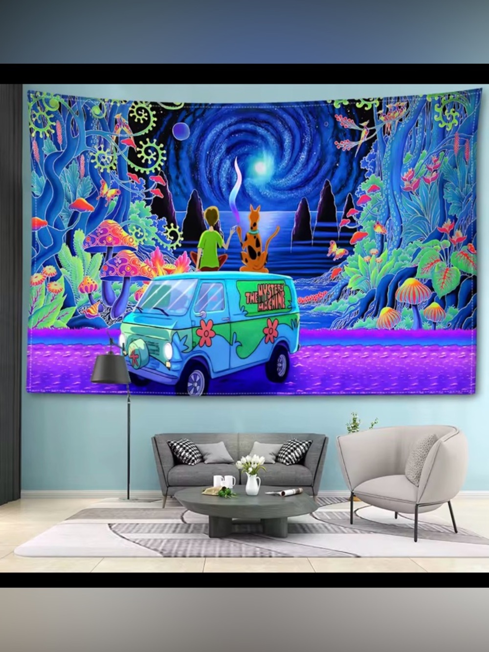 Vibrant Neon Scooby Doo & Mystery Machine Wall Tapestry (37x27)
